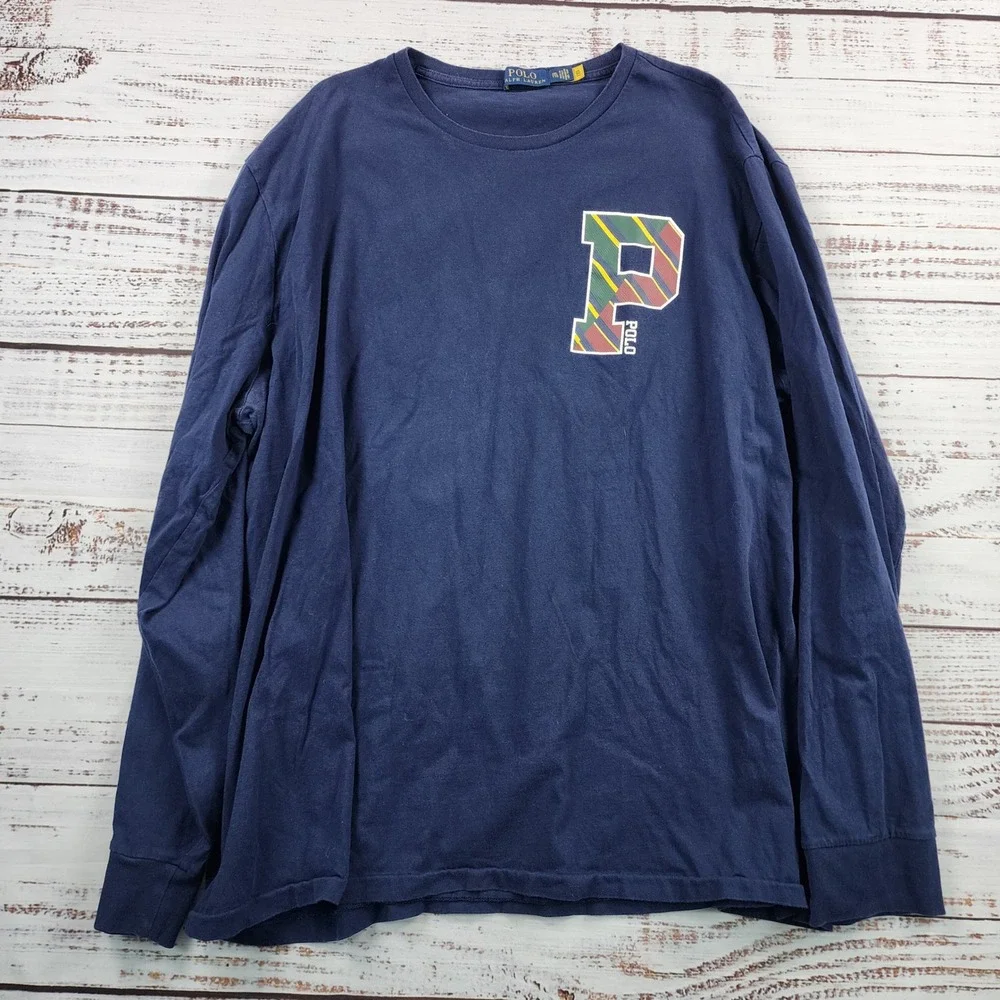 Polo Ralph Lauren Long Sleeve Shirt Mens XXL Navy Plaid P Logo Crewneck Cotton